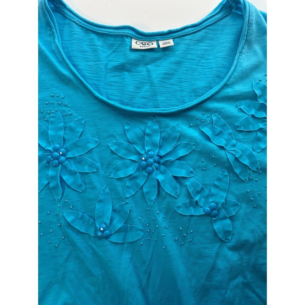 Cato Woman's Top 22 / 24 Aqua Blue Floral‎ Applique Beaded Short Sleeves New WOT